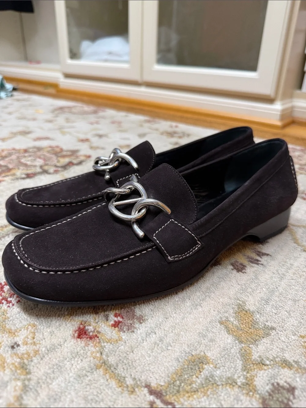 Claudia Ciuti Dark Brown Suede Slip-On Loafers with Silver Chain Accent